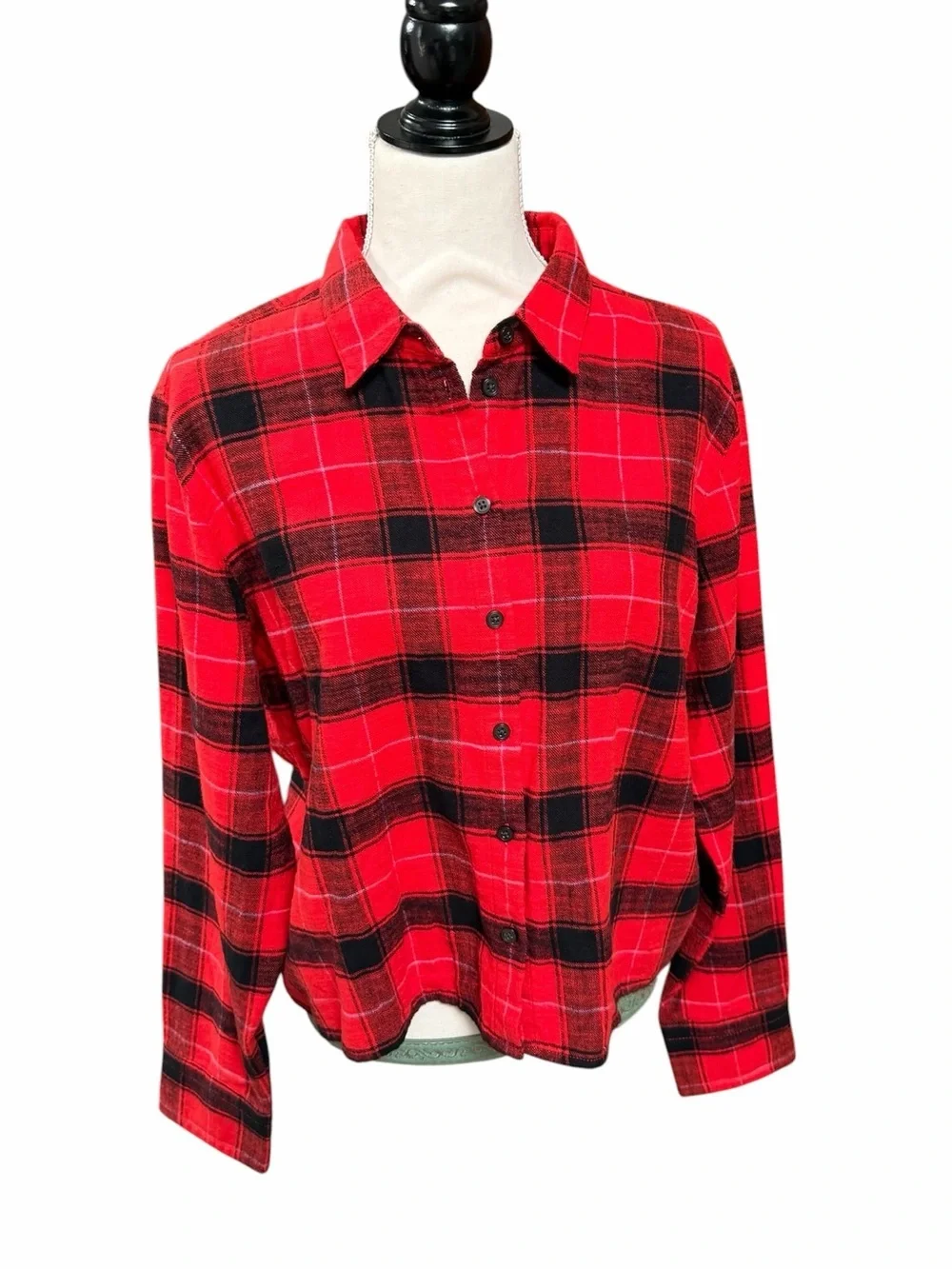 J.Crew Cropped Garçon Shirt Red Black Plaid Flannel Cotton Size 12